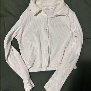 White Ribbed Button-Up Women's Top